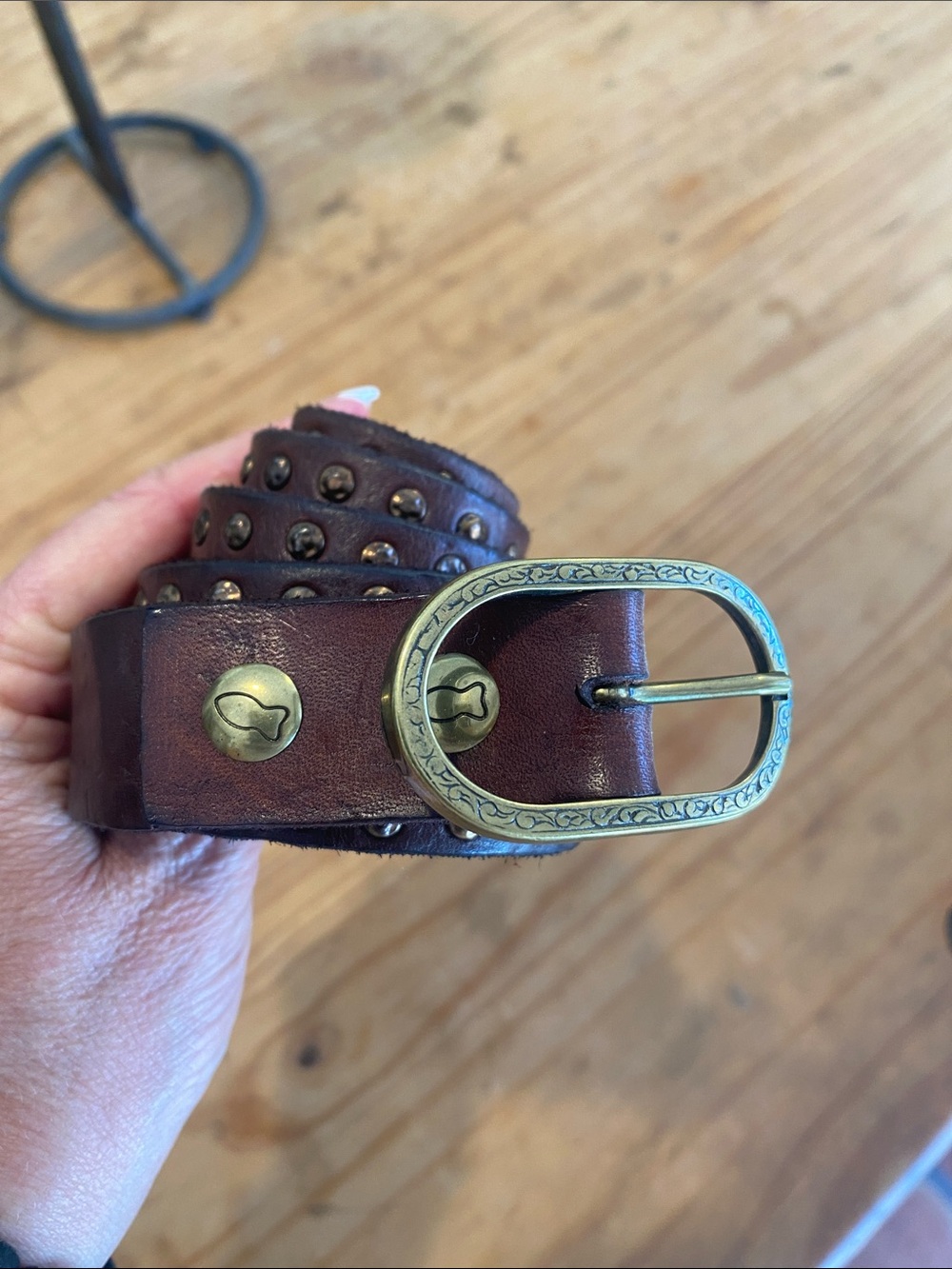 Campomaggi Brown Leather Studded Belt with Brass Buckle